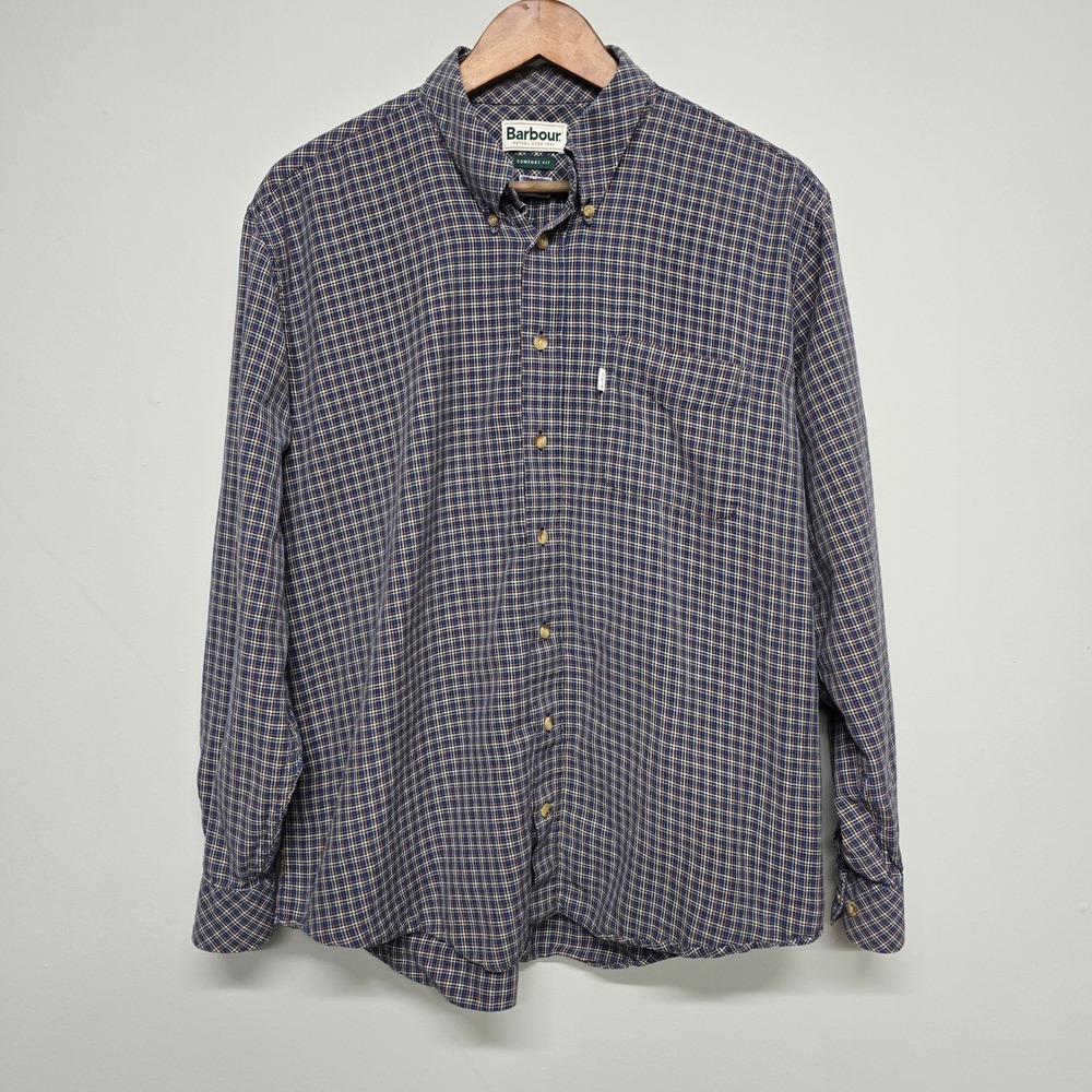 Barbour Comfort Fit Button Down Shirt Mens L Blue Brown Plaid Cotton Heritage